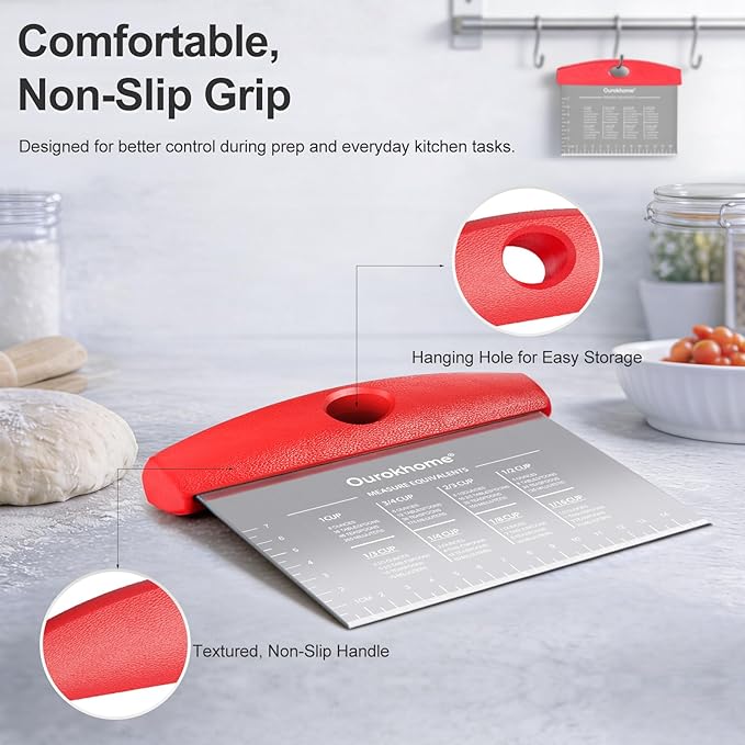 Ourokhome 2 Pack Bench Scraper Dough Cutter, Stainless Steel Dough Scraper with Laser-Etched Scale, Conversion Chart, Non-Slip Handle, Dishwasher Safe for Bread & Pastry, Red - Image 5