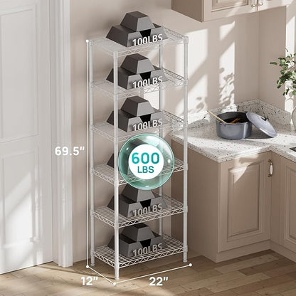 SINGAYE 6 Tier Shelf Adjustable Storage Wire Shelving Unit Metal Shelves Standing Closet Bathroom Organizers Pantry Kitchen Garage Laundry Room Organization Home Rack 12" D X 22" W X 69.5" H White - Image 3