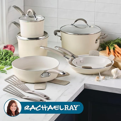 Rachael Ray Cucina Ceramic Cookware Set - 13 Pieces - Ceramic Pots and Pans Set w/Nonstick Frying Pans, Saute Pan, Saucepans, Stockpot, Lids, Pan Protectors & Cooking Utensils - Almond - Image 8