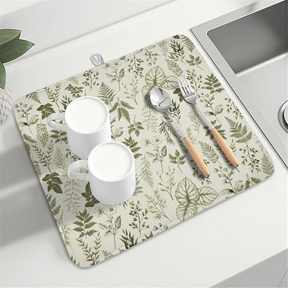 Vintage Botanical Floral Dish Drying Mat for Kitchen Counter Sage Green Herbs Fern Leaves Plant Microfiber Dish Drainer Mat Absorbent Washable Drying Pad 16"x18"
