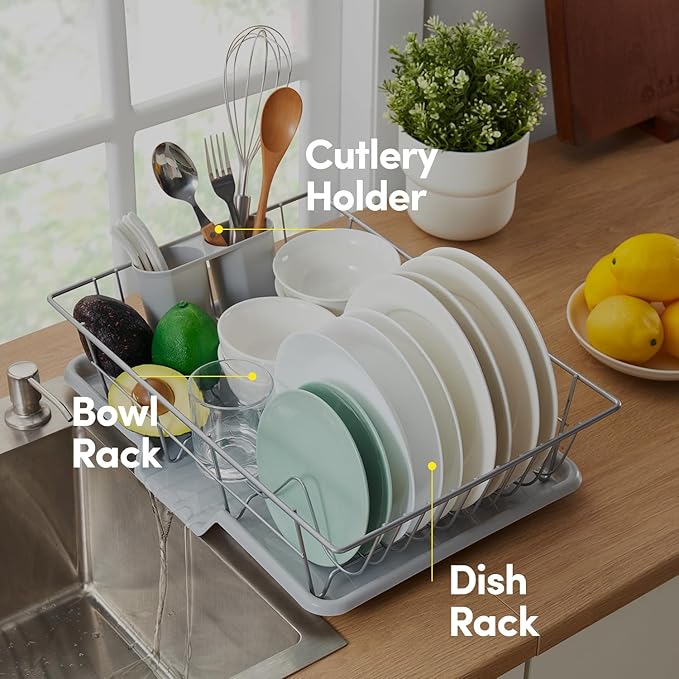Space-Saving 3-Piece Dish Drainer Rack Set with Cutlery Holder - Maximize Kitchen Countertop Space, Silver - Image 5