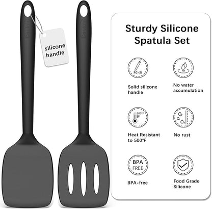 Coukre 2 Pack Silicone Spatula Set, High Heat Resistant, BPA Free Kitchen Spatula, Solid & Slotted Turner for Non-Stick Pans, Sautéing, and Flipping (2, PureBlack) - Image 2