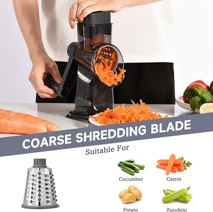 Rotary Cheese Grater with Handle Kitchen Shredder Slicer Grater Slicer Ice Shaver Cheese Vegetable Nuts Potato Zucchini Chocolate 3 Interchangeable Blades (Dark Grey TSP) - Image 3