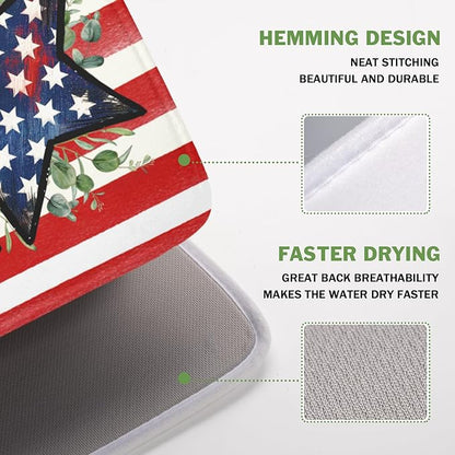 4th of July Dish Drying Mat 18x16 Inch, Patriotic Drying Mat with Absorbent Reversible Microfiber, Independence Day Dish Drainer Mats Memorial Day Rack Pad for Coffee Countertop Kitchen Protector