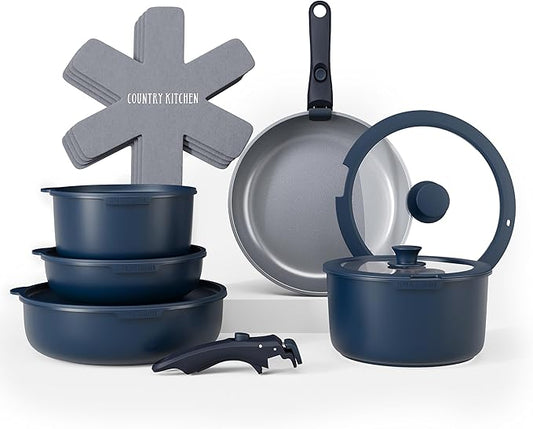 Country Kitchen Cookware Set with Removable Handle, Oven & RV Safe Pots and Pans Set, Denim, Original by CountryKitchen