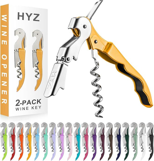 HYZ 2-Pack Wine Opener Waiter Corkscrew, Professional Wine Key for Servers, Bartender with Foil Cutter, Manual Wine Bottle Opener Double Hinged (Yellow) by HYZ
