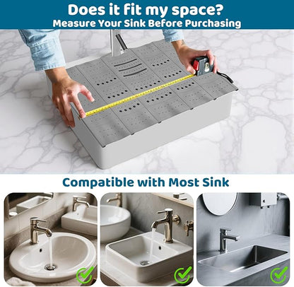 Bathroom Sink Cover for Counter Space, Foldable Silicone Makeup Mat for Hair Styling and Hot Tools, Steel Frame Core Sink Organizer for RV Camper and Small Vanity, DIY Cut to Fit, Grey