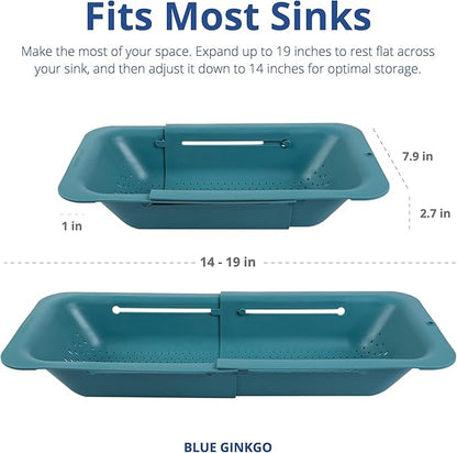 BLUE GINKGO Over the Sink Colander Strainer Basket - Wash Vegetables and Fruits, Drain Cooked Pasta and Dry Dishes - Extendable - New Home Kitchen Essentials (7.9 W x 14.5-19.5 L x 2.75 H) - Teal - Image 5
