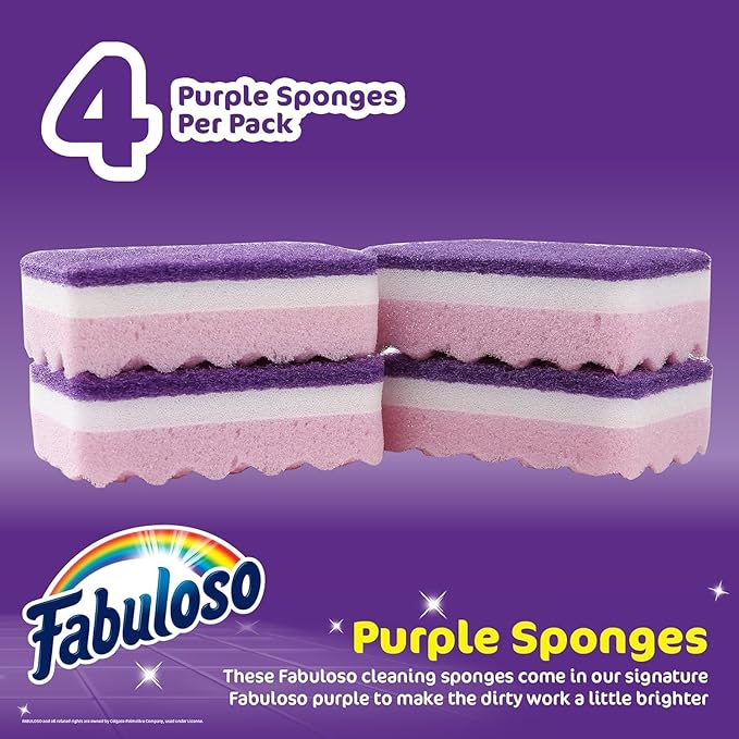 Fabuloso Scratch-Free Kitchen Dish Sponges, Purple Cellulose Scrubber Sponge with Scouring Pad for Dishes, Pots, Pans, Counters and Sinks, Tough on Messes, 4.25 x 2.75 x 1.25 in, 4 Count - 2 Pack - Image 2