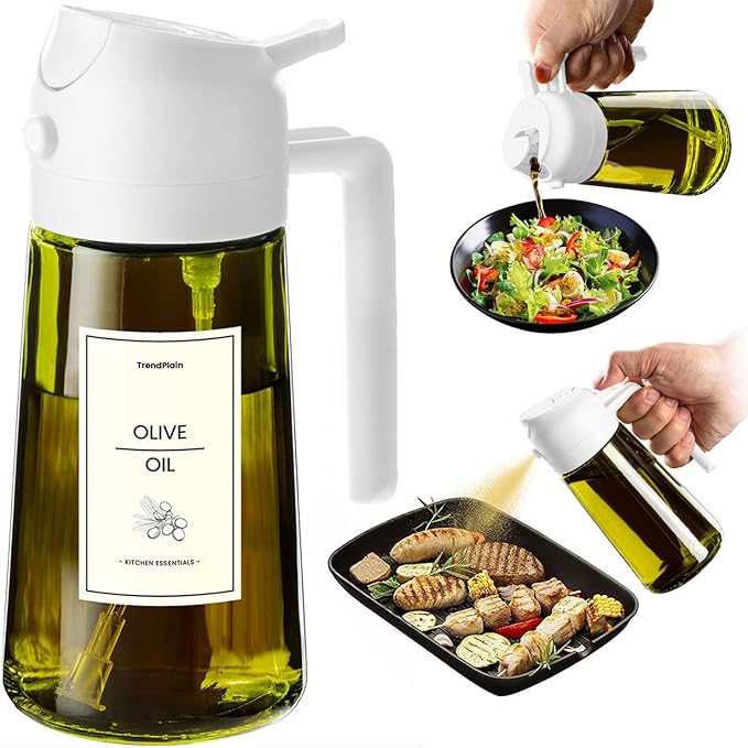 TrendPlain - Original 16oz/470ml Olive Oil Dispenser Bottle for Kitchen Gadgets and Air Fryer Accessories - Olive Oil Sprayer for Cooking w/Stickers - White by TrendPlain