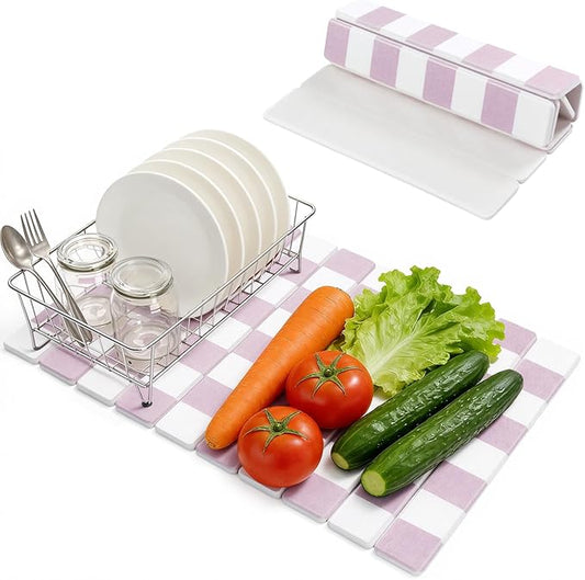 Yamaziot Large Stone Drying Mat for Kitchen Counter, 15.3"x24" Foldable Ultra Absorbent Stone Drying Mat, Quick-Dry Diatomaceous Earth Mat, Non-Slip Heat Resistant Mat for Dishes, Cups, Bottles, Pink