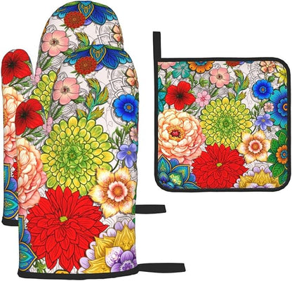 Boho Floral Oven Mitts and Pot Holders Set of 3,Cute Colorful Flowers Heat Resistant Non Slip Kitchen Oven Mitts and Hot Pads for Cooking, Kitchen Gifts for Baking Lovers, Housewarming Gifts for Women