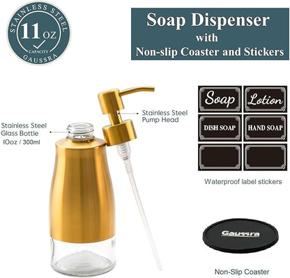 Gaussra Soap Dispenser with Coaster and Stickers, Brushed Gold Stainless Steel Glass Hand Pump Dispenser, Anti Rust Bottle, for Kitchen & Bathroom Detergent Bottle，Refillable Hand Liquid Dispenser - Image 3