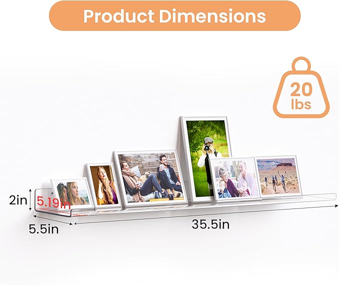 upsimples 2 Pack 35.5x5.5 Inches Acrylic Shelves for Wall Storage, Floating Bookshelves for Kids, Display Shelf Organizer for Bathroom, Bedroom, Living Room, Kitchen, Clear - Image 3