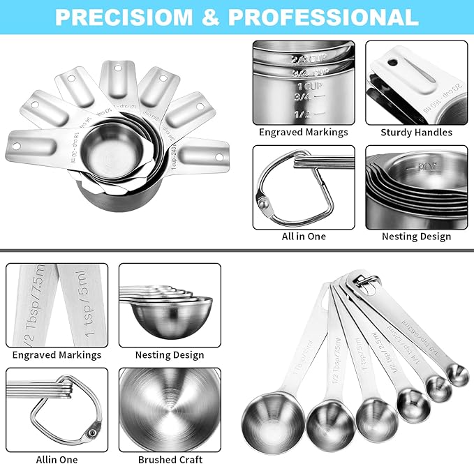 AIKEXIN 20-Piece Measuring Cups and Spoons Set, Nesting Stainless Steel Measuring Cups Spoons with Plastic Measuring Cup for Dry and Liquid Ingredients, Kitchen Cooking & Baking Gadgets - Image 8