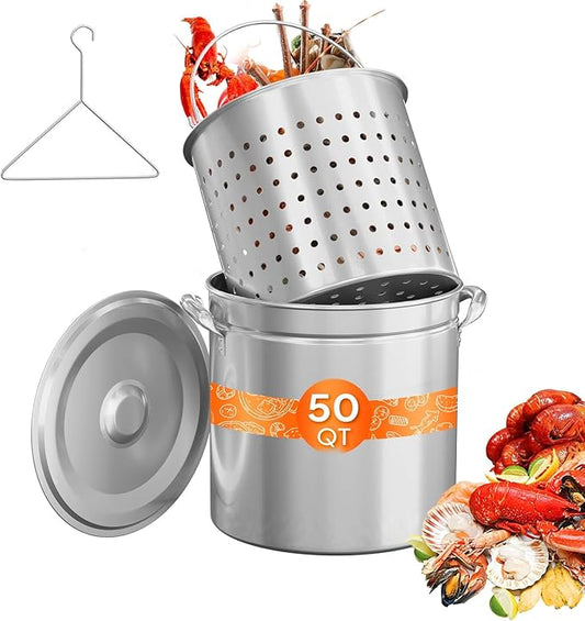 ROVSUN 50QT Stainless Steel Seafood Boil Pot With Strainer Basket, Lid & Hook, Versatile Stock for Crab, Lobster, Shrimp Boiling, Heavy-Duty Turkey Fryer for Outdoor Cooking & Gatherings by ROVSUN