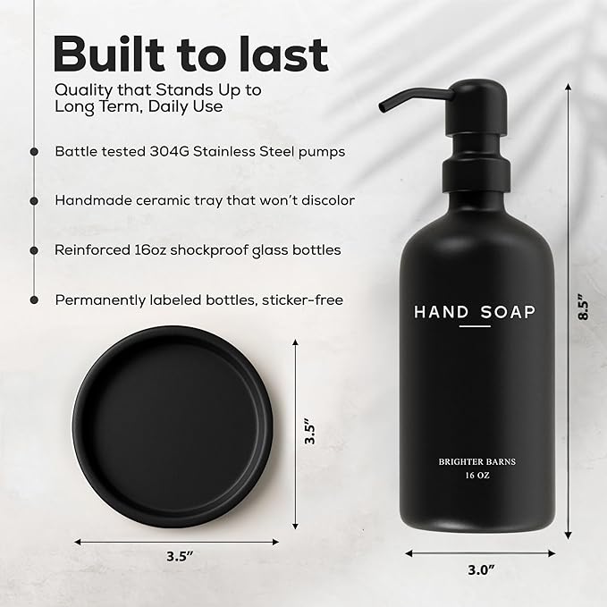 Black Glass Hand Soap Dispenser Bathroom Set by Brighter Barns - Bathroom Soap Dispenser Set with Tray and Stainless Steel Pump - Modern Decor for Kitchen, Hotel, Vacation Rental, Restaurants (Black) - Image 3