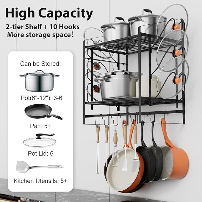VyGrow 17 Inch Pot Rack Wall Mounted, 2 Tier Pots and Pans Organizer with 10 Hooks and 6 Pot Lid Holders, Heavy Duty Steel Pot and Pan Hanger for Kitchen Cookware Utensils Storage 24" Lx13 Wx20.5 H - Image 3