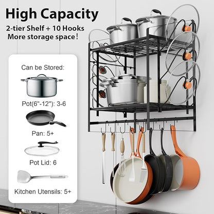 VyGrow 17 Inch Pot Rack Wall Mounted, 2 Tier Pots and Pans Organizer with 10 Hooks and 6 Pot Lid Holders, Heavy Duty Steel Pot and Pan Hanger for Kitchen Cookware Utensils Storage 24" Lx13 Wx20.5 H - Image 3