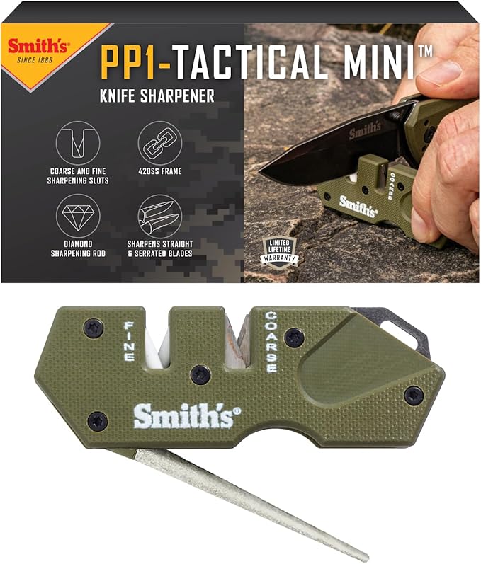 Smith’s Pocket Pal Tactical Knife Sharpener - 2 Stage Sharpener & Diamond Sharpening Rod - Pocket Clip - Outdoor Hunting Knife & Hook Sharpener - Compact & Lightweight by SmithsConsumerProductsInc