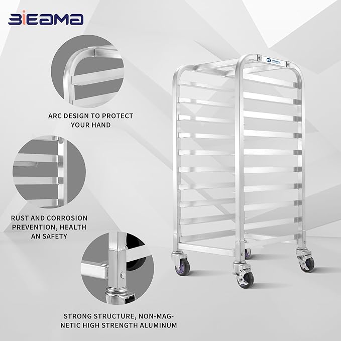 BIEAMA 10-Tier Half Sheet Pan Rack, NSF Bun Pan Rack, Aluminum Bakery Rack, Commercial Kitchen Bakery Cooling Rack, Speed Rack with 4 Wheels for 18" x 13" Sheet Pan - Image 3