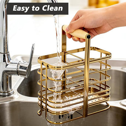 Caliamary Utensil Holder, Stainless Small Stainless Steel Cutlery Drainer Caddy for Kitchen Counter, Silverware Cutlery Flatware Holder Forks, Knives, Spoons, Chopsticks Organizer (Gold)