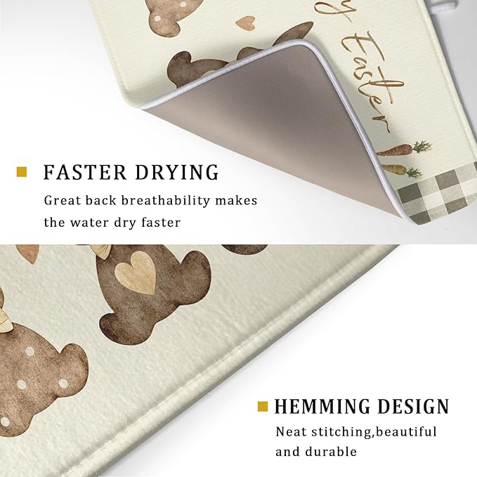 Giwawa Happy Easter Dish Drying Mat for Countertop, 18"x24" Cute Bunny Rabbits Eggs Carrot Dish Drainer Mats, Bufflao Plaids Fast Dry Microfiber Large Dish Drying Pad Kitchen Accessories Decor