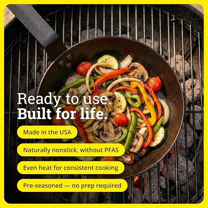 Lodge 8 Inch Carbon Steel Skillet - PFAS-Free Pre-Seasoned Carbon Steel Frying Pan for High-Heat Searing - Long Handle Design for Omelets, Grilling, and Campfire Cooking - Made in the USA