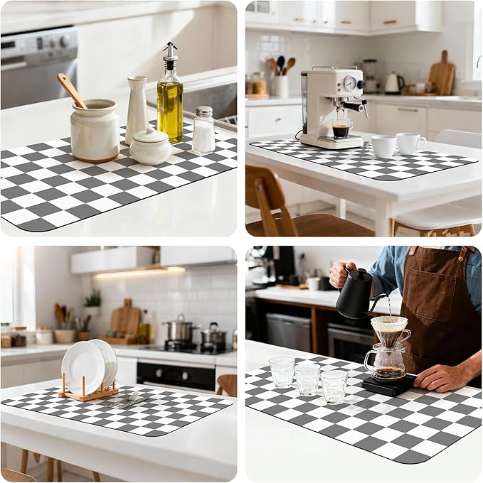 17" x 32" Checkered Dish Drying Mat for Kitchen Counter, Absorbent Coffee Bar Mat for Espresso Machine Coffee Countertops Accessories, Grey - Image 8