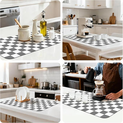 17" x 32" Checkered Dish Drying Mat for Kitchen Counter, Absorbent Coffee Bar Mat for Espresso Machine Coffee Countertops Accessories, Grey - Image 8