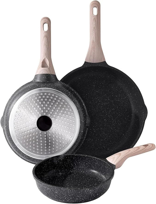 Kordisen Nonstick Frying Pan Set, 3 Piece Skillet Set, Healthy Induction Cookware Cooking Pan, Stay-Cool Handle, Compatible with All Stovetops, PFOA Free (9.5, 11, 12.5 Inch) by Kordisen