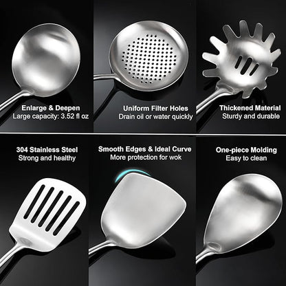 Stainless Steel Kitchen Utensils Set with Wooden Handle for Cooking 9 PCS with Solid and Slotted Spoon, Fork, Spatula, Ladle, Skimmer, Slotted Tunner, Spaghetti and Large Spoon - Image 3