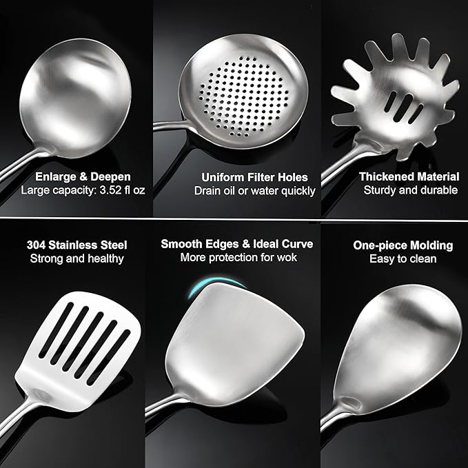 Stainless Steel Kitchen Utensils Set with Wooden Handle, 6 PCS Professional Cooking Utensils Set 15", Wok Spatula, Ladle, Skimmer, Slotted Spatula Turner, Spaghetti Spoon, Large Spoon - Image 3