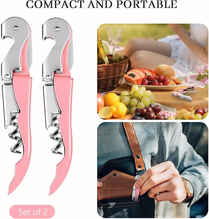 HYZ 2-Pack Wine Opener Waiter Corkscrew, Professional Wine Key for Servers, Bartender with Foil Cutter, Manual Wine Bottle Opener Double Hinged (Pink Mesa) - Image 7