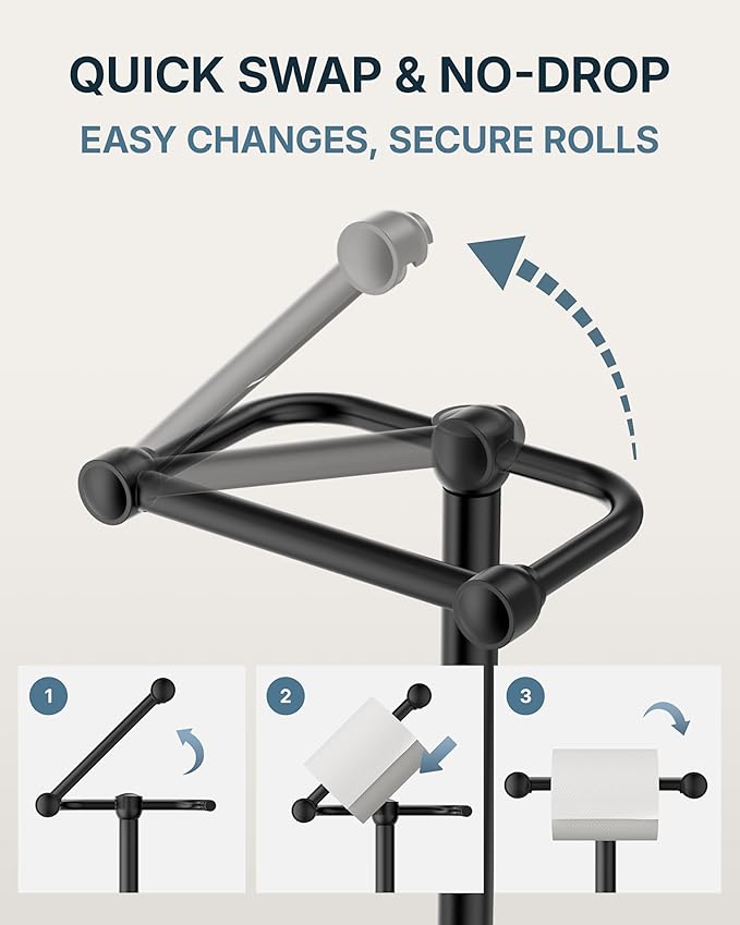 RARXTR Toilet Paper Holder Stand, Modern Bathroom Free Standing Toilet Paper Roll Holder, Stainless Steel Tissue Rack, Rust-Proof & Heavy Stable Base (Matte Black)