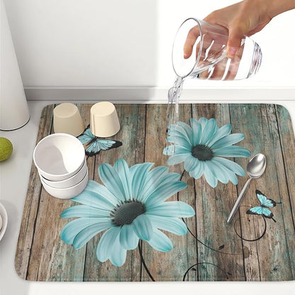 Teal Sunflowers Drying Mat 24x18 Inch, Summer Wooden Board Drying Mat with Absorbent Reversible Microfiber, Rustic Dish Drainer Mats Shabby Chic Floral Rack Pad for Coffee Countertop Kitchen Protector