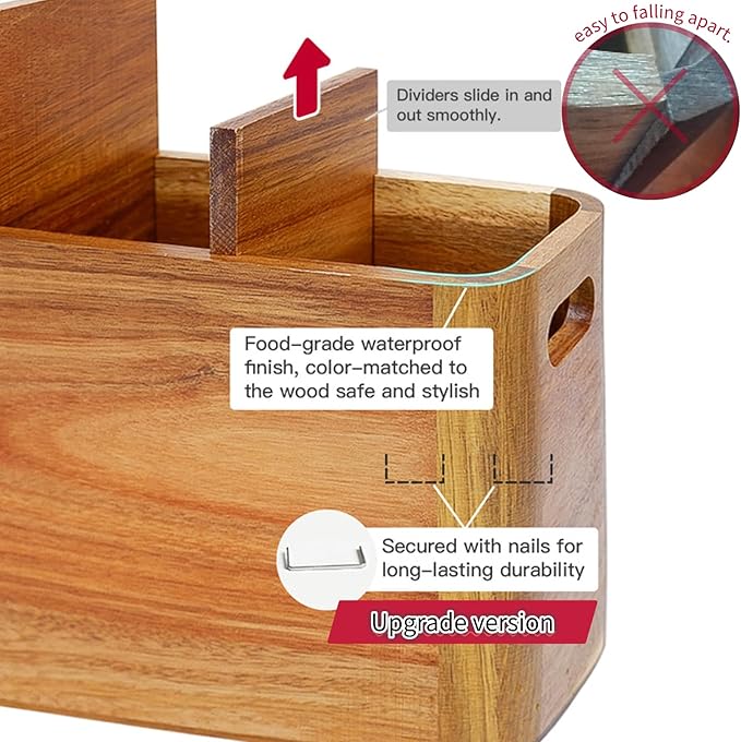 Wooden Kitchen Utensil Holder Organizer for Counter or Countertop, Large Wooden Utensil Holder for Storage Cooking and Silverware with 3 Compartment, Acacia Rustic Wood Container Extra Large - Image 3