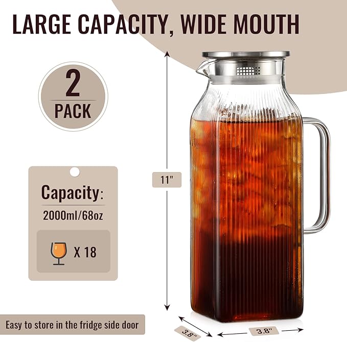 2 Pack 2 Liter/68 oz Square Glass Pitcher with Lid, Classic Stripes Water Pitchers with Handle for Fridge, Large Jug for Iced Tea, Borosilicate Glass Carafe for Hot/Cold Brew Drink, Silver - Image 2