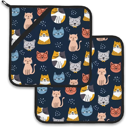Cute Cat Pot Holder Set of 2,Heat Resistant Potholders Oven Hot Pads for Kitchen Cooking Baking BBQ