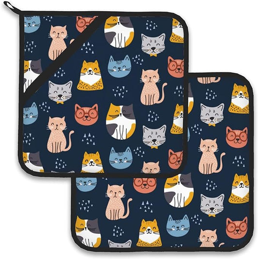 Cute Cat Pot Holder Set of 2,Heat Resistant Potholders Oven Hot Pads for Kitchen Cooking Baking BBQ