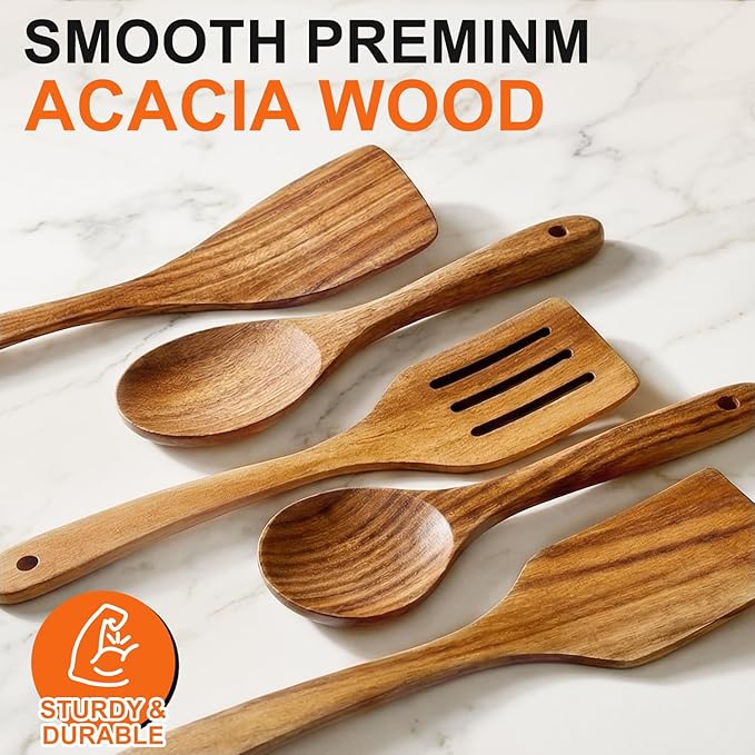 5 Pcs Best Wooden Spoons for Cooking Kitchen Utensils Set Acacia Wood Cooking Spatula Turner Non Toxic Utensil Slotted Serving Spoon Flat Spatulas Set Wooden Utensis Mixing Cooking Spoon Kitchen Tools - Image 8