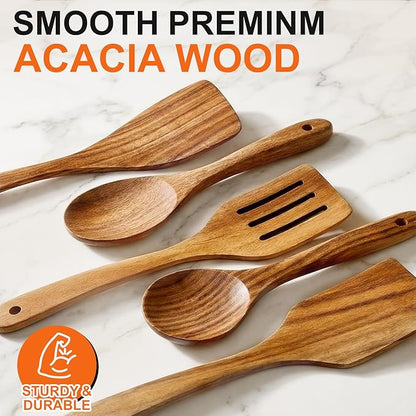 5 Pcs Best Wooden Spoons for Cooking Kitchen Utensils Set Acacia Wood Cooking Spatula Turner Non Toxic Utensil Slotted Serving Spoon Flat Spatulas Set Wooden Utensis Mixing Cooking Spoon Kitchen Tools - Image 8