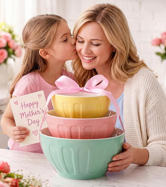 Lareina Ceramic Mixing Bowls Set of 3, Large Nesting Bowls for Serving/Baking/Prepping, Mother's Day & Housewarming/Wedding Gift, Oven/Microwave/Dishwasher Safe 3.2/1.7/1.2 Qt, Pastel Color - Image 7