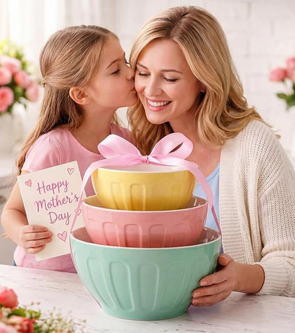 Lareina Ceramic Mixing Bowls Set of 3, Large Nesting Bowls for Serving/Baking/Prepping, Mother's Day & Housewarming/Wedding Gift, Oven/Microwave/Dishwasher Safe 3.2/1.7/1.2 Qt, Pastel Color - Image 7