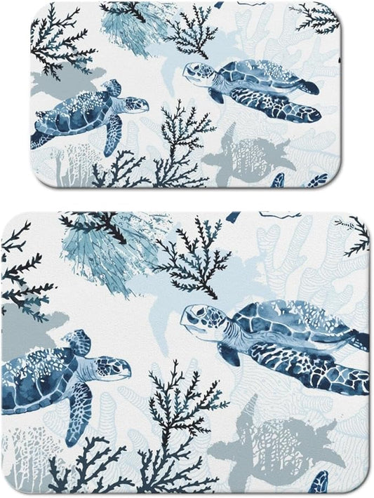 Dish Drying Mat for Kitchen Counter 2 Pack with Non-Slip Rubber Backing - Heat-Resistant Absorbent Coffee Bar Mat, Dish Rack Mat, Sea Turtle Dish Drying Mats 18x24+19.5x12 inch