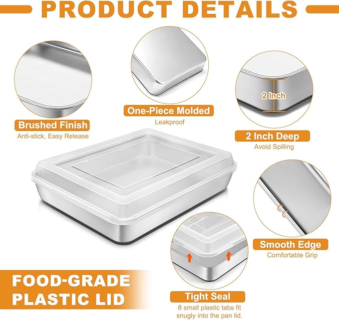 Stainless Steel Baking Pan with Lid, 12⅓ x 9¾ x 2 Inch Deep Rectangle Cake Pans with Cover for Cakes, Brownies, Cookies, Deep Side & Heavy Duty,Dishwasher & fridge & Oven Safe(2 Pans + 2 Lids) - Image 3