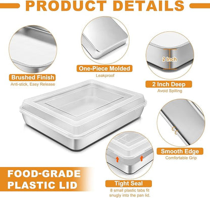 Stainless Steel Baking Pan with Lid, 12⅓ x 9¾ x 2 Inch Deep Rectangle Cake Pans with Cover for Cakes, Brownies, Cookies, Deep Side & Heavy Duty,Dishwasher & fridge & Oven Safe(2 Pans + 2 Lids) - Image 3