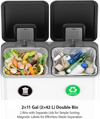 Lovewind Dual Trash and Recycling Bins for Kitchen, 2 * 11-Gallon Stainless Steel Double Trash Can, Step-On Garbage and Recycle Combo, Quiet Close, Pet-Proof, Compatible with 13-Gallon Bags, White - Image 3