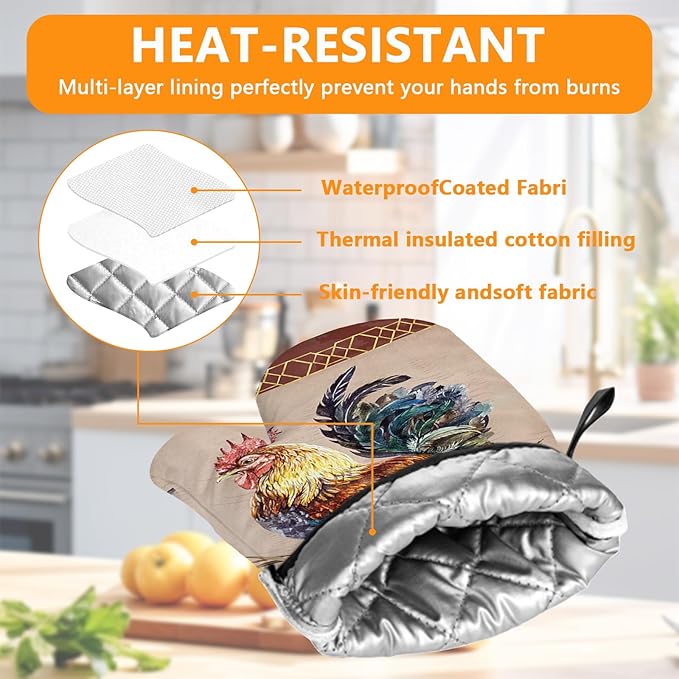 Rooster Oven Mitts and Pot Holders Sets 4Pcs,Extra Long Oven Gloves Potholder for Kitchen Cooking Baking BBQ 100% Cotton Heat Resistant - Image 3