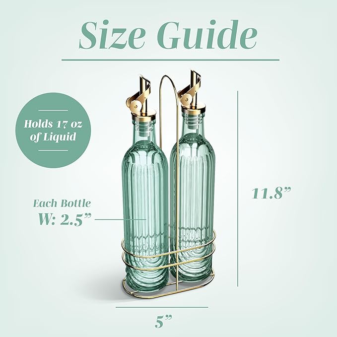 COOK WITH COLOR Glass Olive Oil Bottle Dispenser - 2 Pack- 17oz Oil and Vinegar Cruet - Olive Oil Carafe Decanter for Kitchen, Elegant Fluted, Green - Image 5